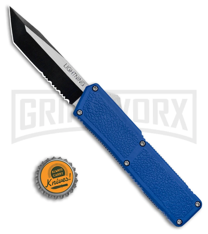 Lightning Blue D/A OTF Automatic Knife - Tanto Two Tone Serr 6 Lightning Blue D/A OTF Automatic Knife - Tanto Two Tone Serr - Image 4