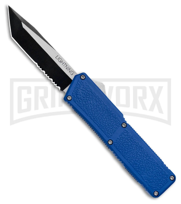 Lightning Blue D/A OTF Automatic Knife - Tanto Two Tone Serr 3 Lightning Blue D/A OTF Automatic Knife - Tanto Two Tone Serr