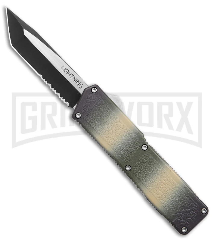 Lightning Camo D/A OTF Automatic Knife Tanto-Two Tone Black Serr 3 Lightning Camo D/A OTF Automatic Knife Tanto-Two Tone Black Serr