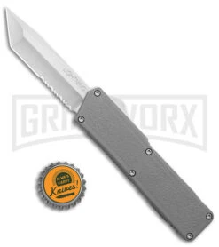 Lightning Gray D/A OTF Automatic Knife - Tanto Satin Serrated -Kershaw Shop Lightning Gray DA OTF Auto Serr Tanto Satin GX 39050 jr bottlecap large