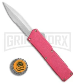 Lightning Pink D/A OTF Automatic Knife - Dagger Satin Serr -Kershaw Shop Lightning Pink DA Dagger Satin Serr BP 27491 er bottlecap large