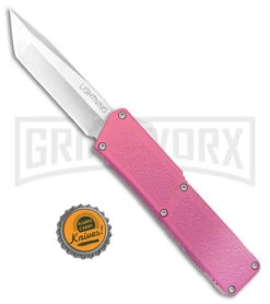 Lightning Pink D/A OTF Automatic Knife - Tanto Satin Plain -Kershaw Shop Lightning Pink DA OTF Automatic Knife Tanto Satin GX 41279 KC bottlecap 2 large