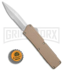 Lightning Tan D/A OTF Automatic Knife - Dagger Satin -Kershaw Shop Lightning Tan DA Dagger serr BP 27518 er bottlecap large