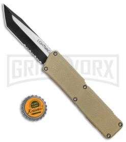 Lightning Tan D/A OTF Automatic Knife - Tanto Two Tone Serrated -Kershaw Shop Lightning Tan DA OTF Auto TT Tanto Serr GX 39048 jr bottlecap large