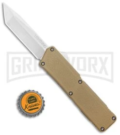Lightning Tan D/A OTF Automatic Knife - Tanto Satin -Kershaw Shop Lightning Tan DA OTF Auto Tanto Satin GX 34137 jr bottlecap large