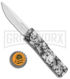 Lightning White Zombie D/A OTF Automatic Knife - Satin Serr -Kershaw Shop Lightning Zombie DA DP OTF Auto Satin Serr GX 33348 jr bottlecap large