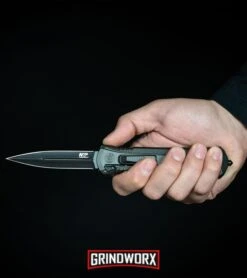 Smith & Wesson Spring Assisted Finger Actuator Tanto OTF Knife - Black Plain -Kershaw Shop MP OTF Spring Assisted Spear Point Knife Gray Black BHQ 80731 kp in hand web large 1