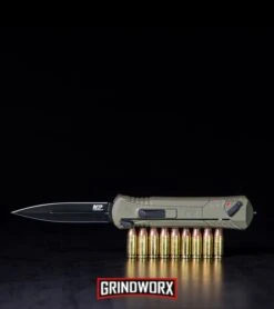 M&P Spring Assisted OD Green OTF Spear Point Knife - Black Plain -Kershaw Shop MP OTF Spring Assisted Spear Point Knife OD Green Black Exclusive BHQ89672 kp black with bullets web large