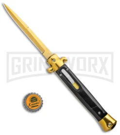Mago 11" Black Acrylic Italian Stiletto OTF Automatic Knife - Gold Bayonet -Kershaw Shop Mago 11in Black Gold Marble Italian Stiletto OTF Auto Gold Bolster Gold Bayo GX 38613 jr bottlecap large