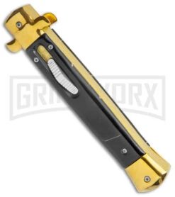 Mago 11" Black Acrylic Italian Stiletto OTF Automatic Knife - Gold Bayonet -Kershaw Shop Mago 11in Black Gold Marble Italian Stiletto OTF Auto Gold Bolster Gold Bayo GX 38613 jr spine large