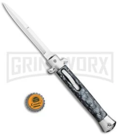 Mago 11" Black Smoke Abyss Italian Stiletto OTF - Bayo Silver Bolsters -Kershaw Shop Mago 11in Black Smoke Abyss Italian Stiletto OTF Bayo Silver Bolsters GX 36173 jr bottlecap large