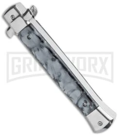 Mago 11" Black Smoke Abyss Italian Stiletto OTF - Bayo Silver Bolsters -Kershaw Shop Mago 11in Black Smoke Abyss Italian Stiletto OTF Bayo Silver Bolsters GX 36173 jr side large