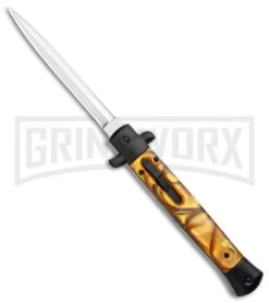 11" Italian Stiletto OTF Auto Knife Black Yellow Acrylic Dagger - Satin