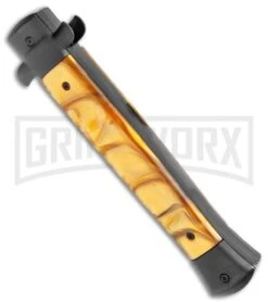 11" Italian Stiletto OTF Auto Knife Black Yellow Acrylic Dagger - Satin -Kershaw Shop Mago 11in Black Yellow Acrylic Black Italian Stiletto OTF Auto Satin Dagger GX 36382 jr side large