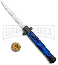 Mago 11" Blue/Black Italian Stiletto OTF Automatic Knife - Bayo Satin -Kershaw Shop Mago 11in Blue Black Italian Stiletto Bayo Satin GX 33970 jr bottlecap large