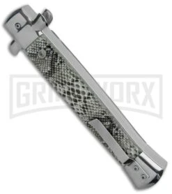 Mago 11" Cottonmouth Italian Stiletto OTF Automatic Knife Gray - Satin Plain -Kershaw Shop Mago 11in Cottonmouth Italian Stiletto OTF Auto Satin Bayo GX 37054 jr side large