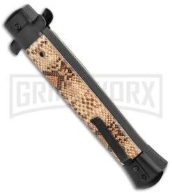 Mago 11" Diamondback Italian Dagger OTF Automatic Knife - Black Bolsters -Kershaw Shop Mago 11in Italian Stiletto OTF Auto Diamondback Warm Black Satin Dagger GX 37162 jr side large