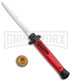 Mago 11" Bayonet Italian Stiletto OTF Knife Red W/Black Bolster - Satin Plain -Kershaw Shop Mago 11in Red Bayo Italian Stiletto OTF Auto Satin GX 36139 jr bottlecap large