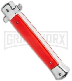 Mago 11" Bayonet Italian Stiletto OTF Knife Red W/Polished Bolster - Satin Plain -Kershaw Shop Mago 11in Red Bayo Italian Stiletto OTF Auto Satin Silver Boster GX 36174 jr side large