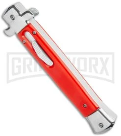 Mago 11" Bayonet Italian Stiletto OTF Knife Red W/Polished Bolster - Satin Plain -Kershaw Shop Mago 11in Red Bayo Italian Stiletto OTF Auto Satin Silver Boster GX 36174 jr spine large