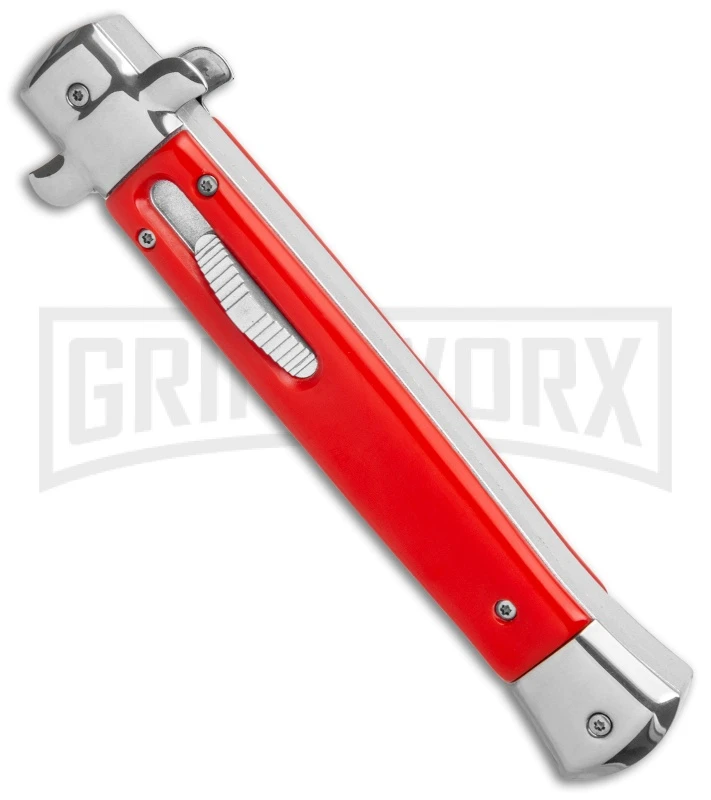 Mago 11" Dagger Italian Stiletto OTF Knife Red W/Polished Bolster - Satin Plain 4 Mago 11" Dagger Italian Stiletto OTF Knife Red W/Polished Bolster - Satin Plain - Image 2