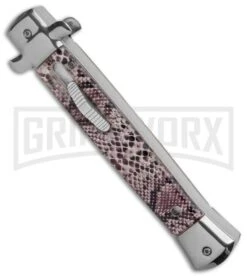 Mago 11" Sidewinder Italian Stiletto OTF Automatic Knife Tan - Satin Plain -Kershaw Shop Mago 11in Sidewinder Stiletto Italian Bayo OTF Auto Satin GX 37058 jr spine large