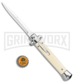 Mago 11" Sim Ivory Italian Stiletto OTF Automatic Knife - Bayo Satin -Kershaw Shop Mago 11in Sim Ivory Italian Stiletto OTF Auto Bayo Satin GX 36307 jr bottlecap large