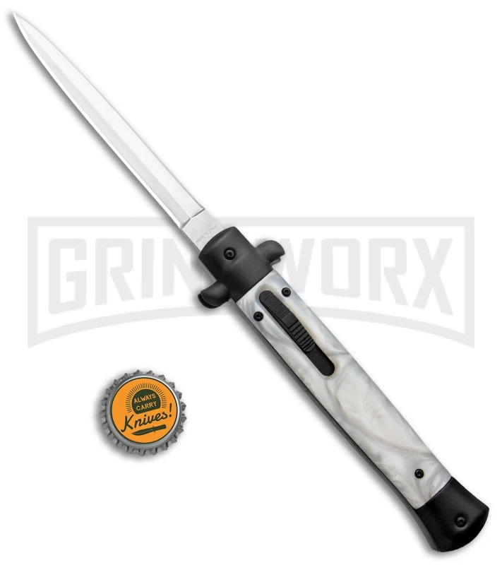Mago Italian Stiletto OTF Auto White Marble/Black Bolsters Dagger W/ Clip 7 Mago Italian Stiletto OTF Auto White Marble/Black Bolsters Dagger W/ Clip - Image 5