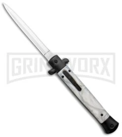 Mago Italian Stiletto OTF Auto White Marble/Black Bolsters Dagger W/ Clip