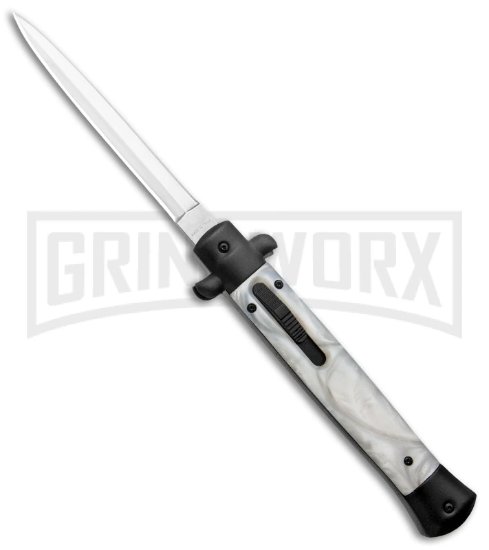 Mago Italian Stiletto OTF Auto White Marble/Black Bolsters Dagger W/ Clip 3 Mago Italian Stiletto OTF Auto White Marble/Black Bolsters Dagger W/ Clip
