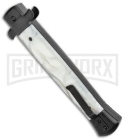 Mago Italian Stiletto OTF Auto White Marble/Black Bolsters Dagger W/ Clip 9 Mago Italian Stiletto OTF Auto White Marble/Black Bolsters Dagger W/ Clip -Kershaw Shop Mago 11in White Marble Italian Stiletto OTF Auto Black Bolsters Satin Dagger GX 37601 jr side large