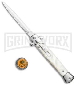 Mago 11" White Marble Italian Stiletto OTF Automatic Knife - Satin Plain Dagger -Kershaw Shop Mago 11in White Marble Italian Stiletto OTF Auto Satin Dagger GX 36284 jr bottlecap large