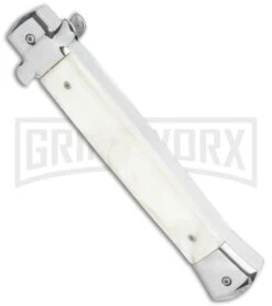 Mago 11" White Marble Italian Stiletto OTF Automatic Knife - Satin Plain Dagger -Kershaw Shop Mago 11in White Marble Italian Stiletto OTF Auto Satin Dagger GX 36284 jr side large