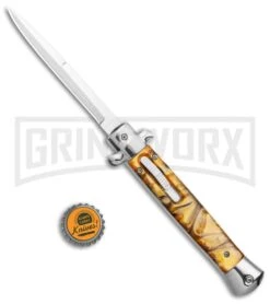 Mago 11" Yellow Acrylic Italian Stiletto OTF Automatic Knife - Satin Bayonet -Kershaw Shop Mago 11in Yellow Acrylic Italian Stiletto OTF Auto Bayo Satin GX 37556 jr bottlecap large