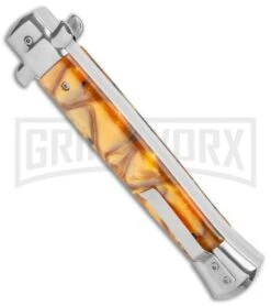 Mago 11" Yellow Acrylic Italian Stiletto OTF Automatic Knife - Satin Bayonet -Kershaw Shop Mago 11in Yellow Acrylic Italian Stiletto OTF Auto Bayo Satin GX 37556 jr side large