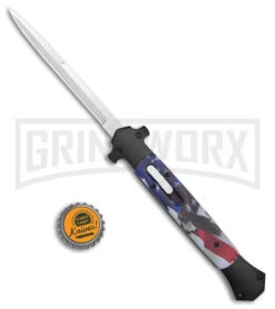 Mago 13" Eagle / Flag D/A Italian Stiletto OTF Knife - Satin Plain Bayo -Kershaw Shop Mago 13in Eagle Flag DA Italian Stiletto OTF Satin Bayo GX 39631 jr bottlecap large