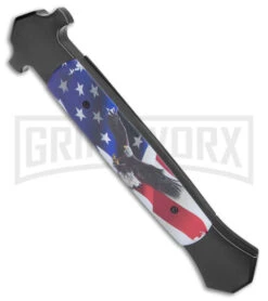 Mago 13" Eagle / Flag D/A Italian Stiletto OTF Knife - Satin Plain Bayo -Kershaw Shop Mago 13in Eagle Flag DA Italian Stiletto OTF Satin Bayo GX 39631 jr side large