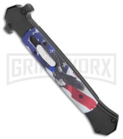 Mago 13" Eagle / Flag D/A Italian Stiletto OTF Knife - Satin Plain Bayo -Kershaw Shop Mago 13in Eagle Flag DA Italian Stiletto OTF Satin Bayo GX 39631 jr spine large