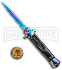 Mago 9" Italian Stiletto OTF Auto Knife Black Acrylic Rainbow Bolster - Spectrum -Kershaw Shop Mago 9in Black Acrylic Italian Stiletto OTF Auto Rainbow Bolster Rainbow Bayo GX 38621 jr bottlecap large