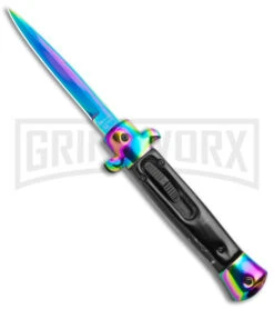 Mago 9" Italian Stiletto OTF Auto Knife Black Acrylic Rainbow Bolster - Spectrum