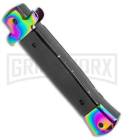 Mago 9" Italian Stiletto OTF Auto Knife Black Acrylic Rainbow Bolster - Spectrum -Kershaw Shop Mago 9in Black Acrylic Italian Stiletto OTF Auto Rainbow Bolster Rainbow Bayo GX 38621 jr side large