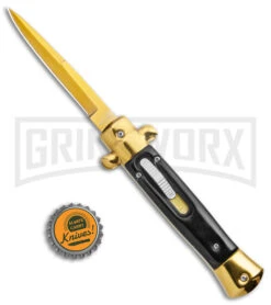 Mago 9" Black Acrylic Italian Stiletto OTF Automatic Knife - Gold Bayonet -Kershaw Shop Mago 9in Black Gold Marble Italian Stiletto OTF Auto Gold Bolster Gold Bayo GX 38620 jr bottlecap large