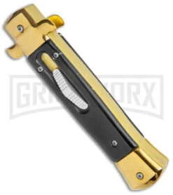 Mago 9" Black Acrylic Italian Stiletto OTF Automatic Knife - Gold Bayonet -Kershaw Shop Mago 9in Black Gold Marble Italian Stiletto OTF Auto Gold Bolster Gold Bayo GX 38620 jr spine large