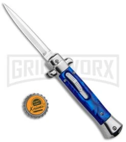 Mago 9" Blue Marble Italian Stiletto OTF Automatic Knife - Satin Plain Dagger -Kershaw Shop Mago 9in Blue Marble Italian Stiletto Auto Satin Plain Dagger GX 33841 jr bottlecap large