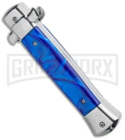 Mago 9" Blue Marble Italian Stiletto OTF Automatic Knife - Satin Plain Dagger -Kershaw Shop Mago 9in Blue Marble Italian Stiletto Auto Satin Plain Dagger GX 33841 jr side large