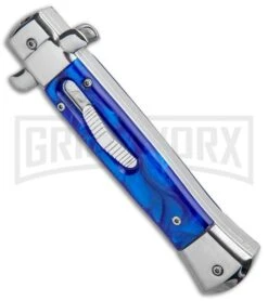 Mago 9" Blue Marble Italian Stiletto OTF Automatic Knife - Satin Plain Dagger -Kershaw Shop Mago 9in Blue Marble Italian Stiletto Auto Satin Plain Dagger GX 33841 jr spine large