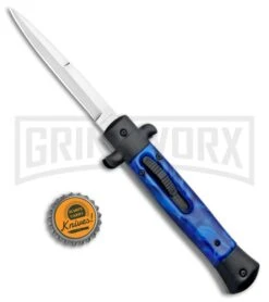 Mago 9" Blue Marble Italian Stiletto OTF Auto Knife Black Bolsters (Bayo Satin) -Kershaw Shop Mago 9in Blue Marble Italian Stiletto OTF Black Bolsters Bayo Satin GX 33947 jr bottlecap large