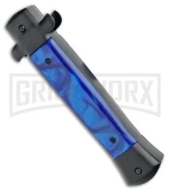 Mago 9" Blue Marble Italian Stiletto OTF Auto Knife Black Bolsters (Bayo Satin) -Kershaw Shop Mago 9in Blue Marble Italian Stiletto OTF Black Bolsters Bayo Satin GX 33947 jr side large