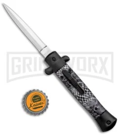 Mago 9" Black Cottonmouth Italian Stiletto OTF Automatic Knife - Satin Dagger -Kershaw Shop Mago 9in Cottonmouth Italian Dagger OTF Auto Black Satin jr bottlecap large