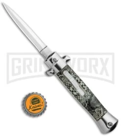 Mago 9" Cottonmouth Italian Stiletto OTF Automatic Knife W/O Clip - Satin Plain -Kershaw Shop Mago 9in Cottonmouth Italian Stiletto OTF Dagger Auto Satin GX 35754 jr bottlecap large